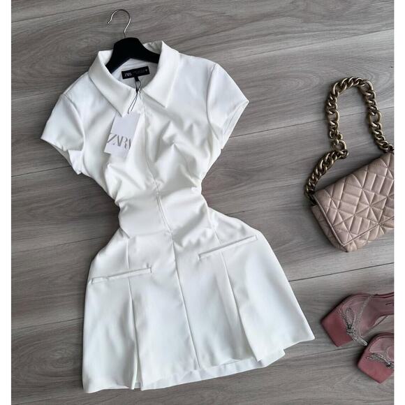 ZARA White Fitted Mini Dress NWT | Blogger Fave Shirt Collar - Picture 16 of 16
